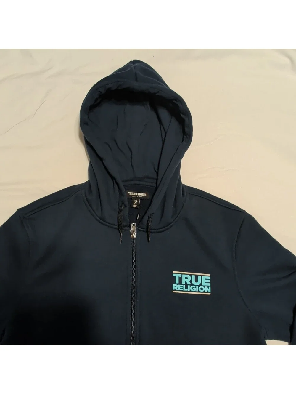True Religion Men's Full Zip Hoodie Navy Blue Buddha Guitar Graphic Size S